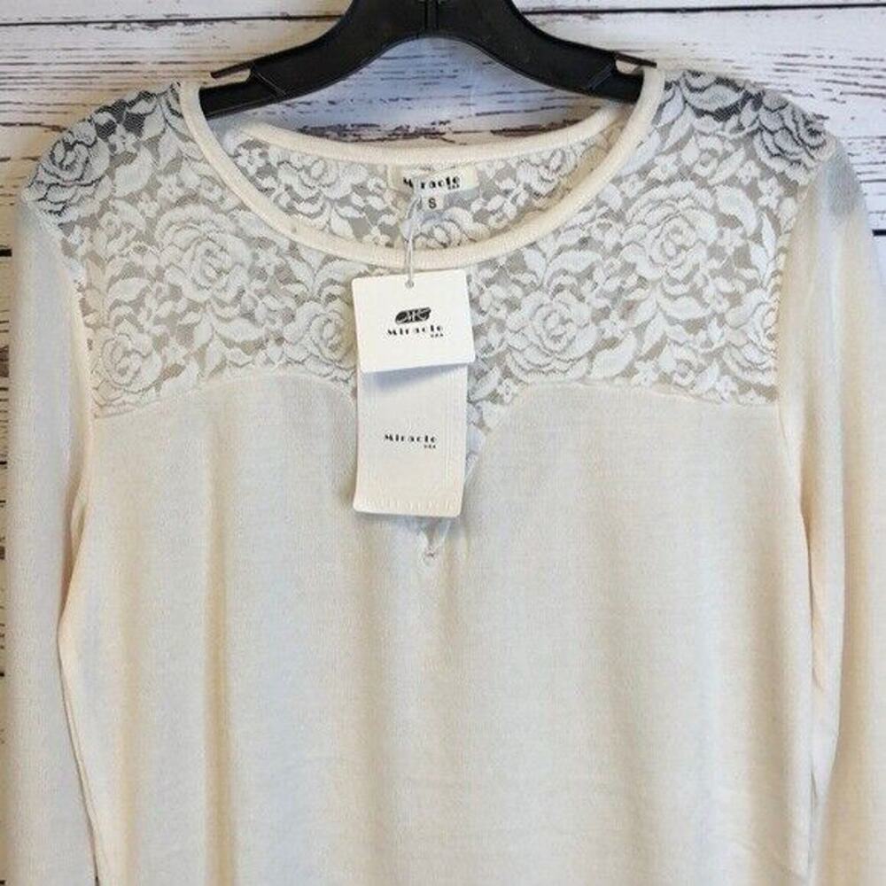 Miracle USA Ivory lace Shoulder soft light 5% cashmere tunic S Sweater Top NWT - Picture 3 of 7